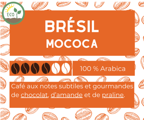 Le Café du Brésil Mococa est un café d'exception issu de l'Agriculture Biologique. Ce café particulier offre une expérience sensorielle unique avec ses notes subtiles et gourmandes de chocolat, d'amande et de praline.
